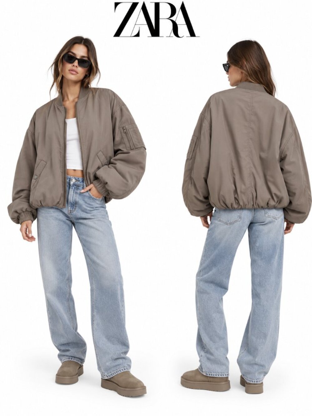 Zara Womens Oversized Bomber Jacket Taupe Brown Flight Jacket XS 2969/042